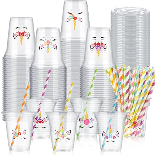 FoldTier 60-teiliges Set mit Einhorn-Partygeschenken, Kunststoffbecher, 400 ml, Geburtstagsparty-Zubehör, Regenbogenbecher mit Kunststoffdeckel und Papierstrohhalmen für Mädchen und Kinder