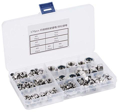 Selbstsichernde Muttern, 170-teiliges Edelstahl-Sicherungsmutter-Sortiment-Set, Selbstsichernde Sechskant-Einsatz-Kontermutter M3 M4 M5 M6 M8 M10 mit Aufbewahrungskoffer, Mutter,