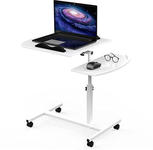 OXFENSEE Computertisch Höhenverstellbar Winkeleinstellbarer, 60x40cm Laptoptisch mit Rollen, 360° Schwenkbarer Schreibtisch, Klapptisch Mobiler Kleine Beistelltisch mit Kippbarer Tischplatte, Weiß