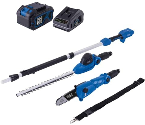 Scheppach 2in1 Akku-Multifunktionsgerät C-PHTS410-X 20V | Schnittlänge Heckenschere/Hochentaster: 410/180 mm | 20V-IXES-Serie | Schultergurt & Softgrip | mit 4Ah Akku & Ladegerät