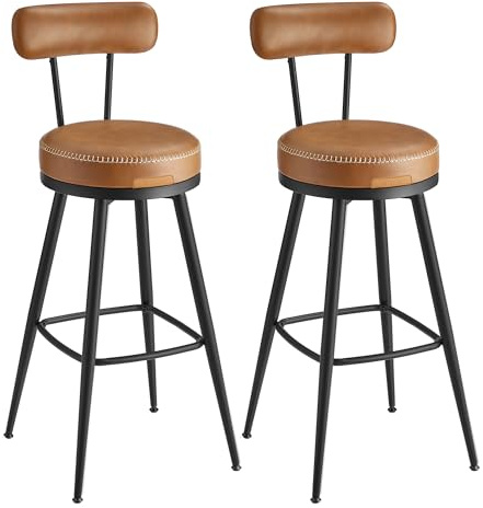 VASAGLE EKHO Kollektion - Barhocker, 4er Set, Barstuhl, Küchenstuhl, Kunstleder, Mid-Century-Modern-Stil, 76 cm hoch, Küche, Esszimmer, 360° drehbar, mit Rückenlehne, karamellbraun