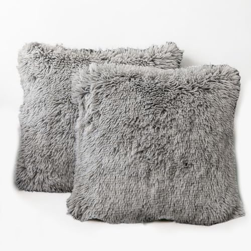 Lifestyle comfort ltd LSC Cushion Covers ONLY 18” x 18” (45cm x 45cm) Faux Fur Throw Pillow Cover Soft Fluffy Decorative Square Pillowcases for Living Room Sofa Couch Bedroom (pack of 2, GREY)