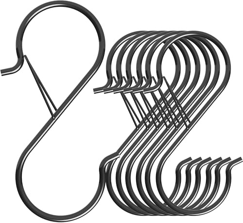 HEDGBOBO 7 Pack S Hooks for Hanging with Safety Buckle, 5 inch Heavy Duty Black Vinyl Coated Wire Shelving Hooks, Pot Rack Hooks for Hanging Plants, Bags, Kitchen Utensils, Cups, Pans