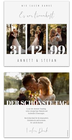 Kartenmachen.de Personalisierte Hochzeit Danksagungskarten mit eigenen vier Fotos - quadratisch 148x148mm, dickes Papier, ab 10 bis 100 Stück selbst gestalten - Foto Meilenstein