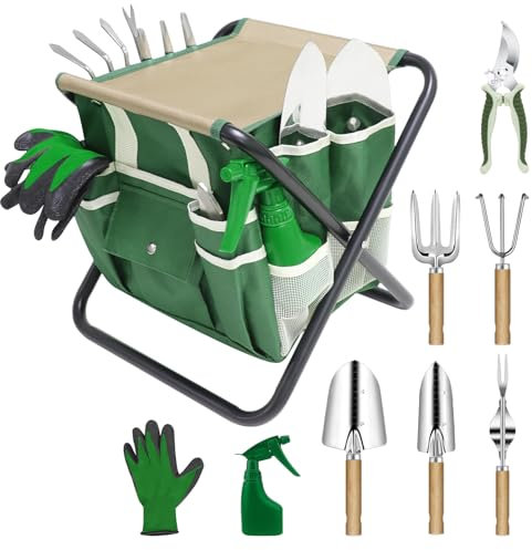 HoHaing Set di attrezzi da giardino, kit da 10 pezzi con sgabello pieghevole resistente, borsa portaoggetti staccabile, strumenti in acciaio inossidabile, regalo per donne e uomini, verde