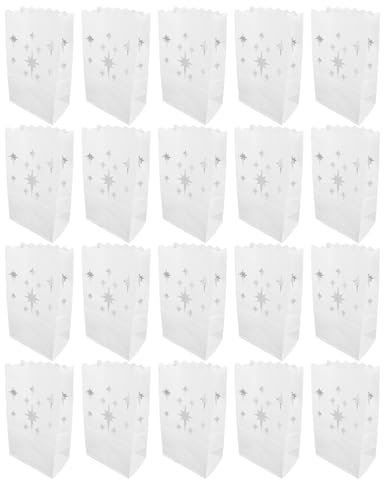 Sunicon 20 PCS White Luminary Bags Candle Bags Flame Resistant Stars Design Luminaries for Wedding Party Thanksgiving