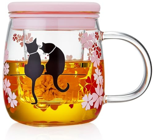 MESNEY Teetasse aus Glas mit Teesieb und Deckel (480 ml), Borosilikatglas-Tee-Ei für lose Blätter, blühende und verpackte Getränke, süßes Katzen- und Sakura-Design