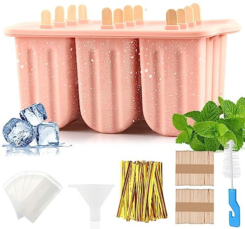 Eisformen Eis am Stiel,12 Hohlraum Eisformen Silikon mit Stöcken, Eis Am Stiel Formen Mit Silikontrichter Und Reinigungsbürste, Popsicle Formen Set für Baby, Kinder, Erwachsene (rosa)