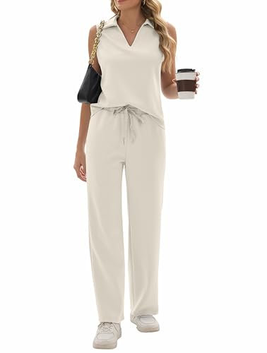 Sixstar Zweiteiliges Set für Damen, Sommer, V-Ausschnitt, weites Bein, Sweathose, ärmellos, Trainingsanzug, Reise-Outfits, B-beige, S