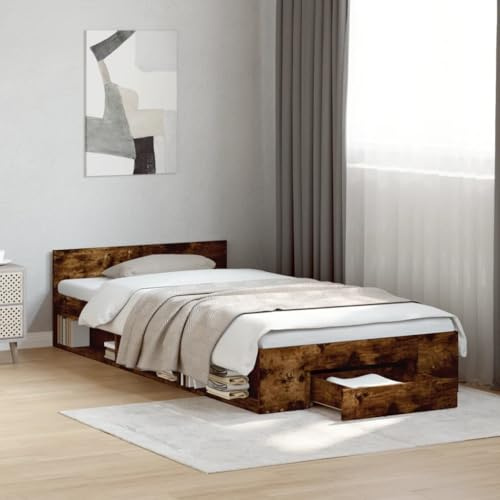 KTHLBRH Bettgestell Familienbett Doppelbett Schlafzimmer möbel Bettgestell mit Schublade Räuchereiche 90x200 cm Holzwerkstoff