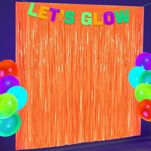 Forniture per Festa che si Illuminano al Buio, 2 Tende a Frange Arancioni in Lamina Metallizzata Come Grande Ingresso per Decorazioni al Neon, 1 x 2 m