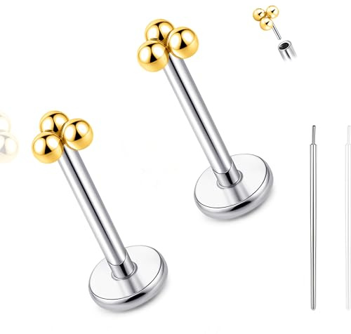 limerencia Titan Fadenlose Flache Rücken Ohrring Stud, 20G Press Fit Titan Push Pop in Knorpel Tragus Labret Lippe Medusa Muschel Körper Piercing Schmuck Hypoallergen für Damen Herren (Goldene)