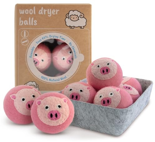 DAWNYIELD Wool Dryer Balls Pack of 6, Reusable Fabric Softener Alternative, Reduces Drying Time, Natural Wool, Cute Animal Design, Softens Laundry, Includes Storage Box (Pink Pig)