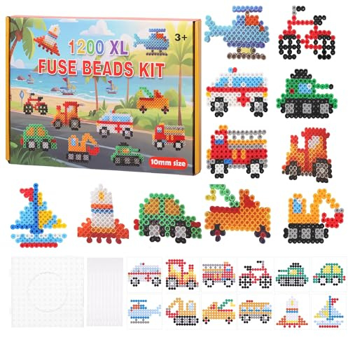 TranRantic Fuse Beads Kit, 1200 Pcs 10mm Iron Beads Set for Childs with 12 Types of Car Patterns for DIY Crafts, Creative Kids Craft Set for Brithdays Gifts to Boys Girls