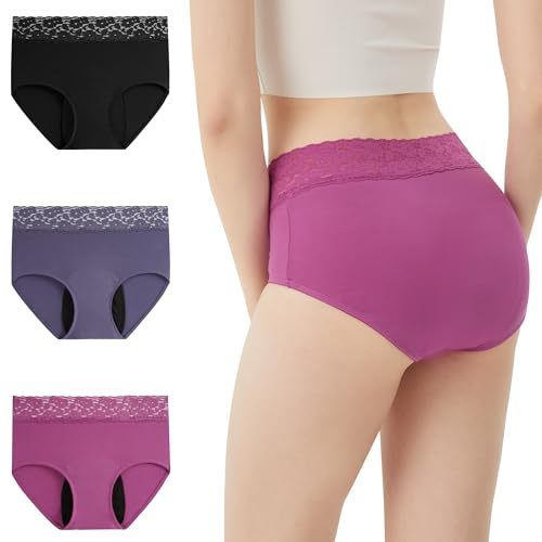 OEIOEI periodiska underkläder stark blödning spets hög midja menstruationsunderkläder bomull 3-pack, Bärlila/blålila/svart, L