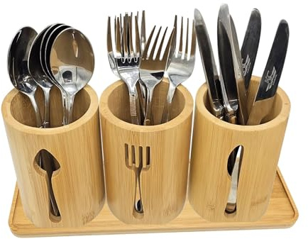 AYAMAX Bambus-Besteckhalter-Set – 3 Küchenutensilienhalter Besteck-Organizer mit Bambus-Tablett | Dekorativer Küchen-Arbeitsplatten-Besteckständer | Utensilienhalter – Messer-, Gabel- und Löffelhalter
