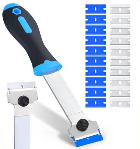 Giramika Razor Blade Scraper Tool with 20 Extra Replacement Blades (Metal & Plastic), Long Handle Scraper Tool for Cleaning Cooktop, Tile, Paint, Window Glass Scraper