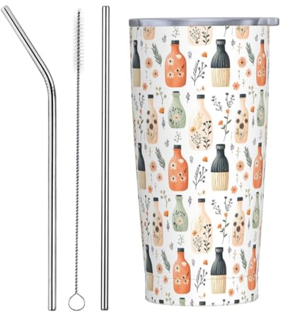 Botella colorida con estampado de flores con tapa y popote, vasos aislados de acero inoxidable de 20 onzas, vaso de café personalizado para viaje, botella de agua