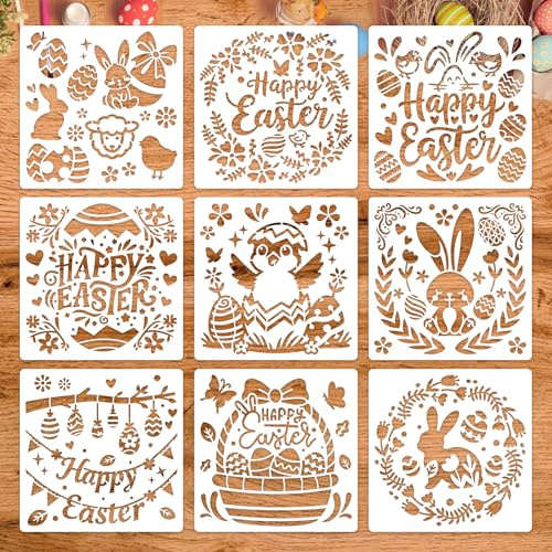 MWOOT 9 Piezas Plantillas de Pascua para Pintar, Plantillas de Dibujo de Palabras Conejito Huevo Flor para Manualidades, Stencil Reutilizables para Pintura Sobre Tarjetas Lienzo Scrapbooking Muebles