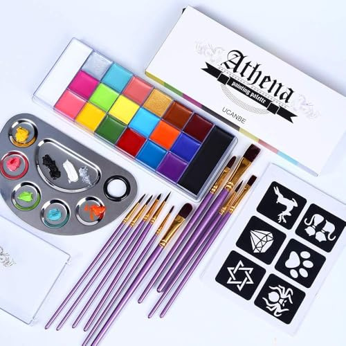 UCANBE Athena set med kroppsfärg, 20 färger FX Halloween-festmåleriredskap med blandningspalett i rostfritt stål och spatel, 10 konstnärsborstar, tatueringsstencil-konstverksset