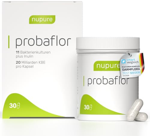 Nupure® Probaflor 30 Kapseln, mit 20 Mrd KBE pro Tagedosis, 11 Spezielle Bakterienstämme, Mit Inulin und Lactobacillus salivarius SP2, Magensaftresistente Kapselhülle