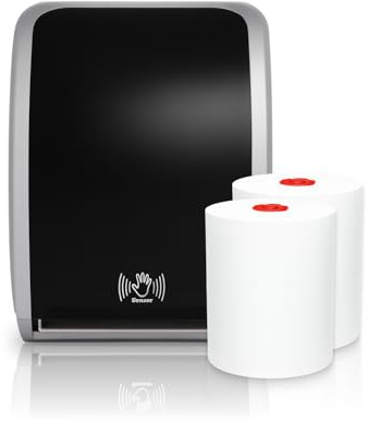 Blanc HYGIENIC Cosmos Sensor-Handtuchspender Silber-Schwarz + 2 TAD-Rollen | Berührungslose Einzelblattausgabe, 3 Blattlängen, Sensor-/Auto-Feed-Modus und 2 Premium-TAD-Rollen à 100 m, insgesamt 200 m