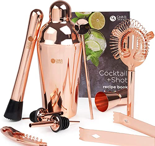Oak & Steel England Cocktail Shaker Set Professionale Kit da Barman in Acciaio Inox, Oro Rosa - 600ml