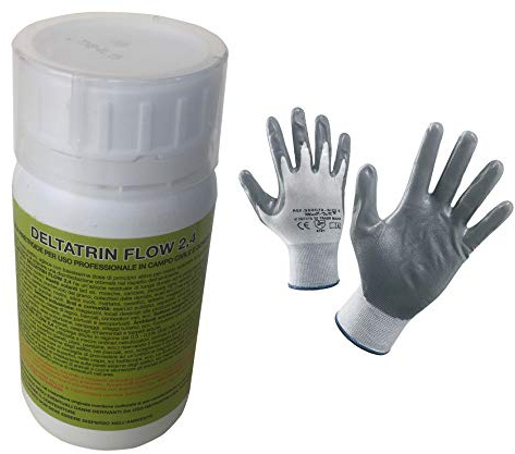 Insetticida Universale Concentrato Deltatrin Flow 2,4 Per Uso Civile e Domestico. Confezione da 250 ml con Misurino. In Omaggio Guanti NBR