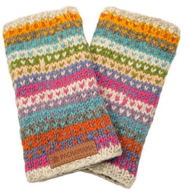 Pachamama Women Wool Hand Wrist Warmers Fleece Lined Handknitted Dots Stripes Multicoloured One-Size Handmade Extra Warm Fair Trade