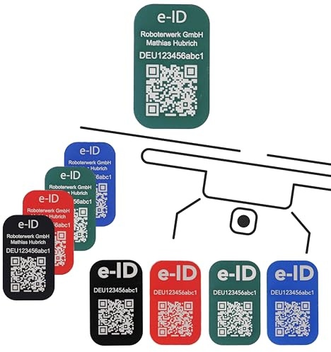 Roboterwerk Drohnen Kennzeichnungsschilder mit Lasergravur | Aluminium | 31x19mm | QR-Code | e-ID und Registrierungsnummer | Aufkleber