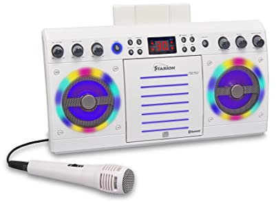 Starion KS303W-B Portable Bluetooth/CD+G Karaoke Machine - White l Built-in Stereo Speakers l Detachable Tablet Holder l Multi-Color Light Effects l Built-in Bluetooth Receiver l Microphone Included