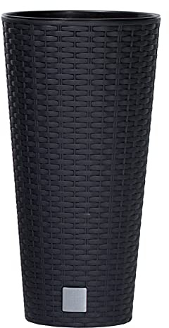 URBNLIVING Round Rattan Elegant Tall Large Plant Pot Flower Indoor Outdoor Garden Planters (Black, H 48cm x D 25cm)