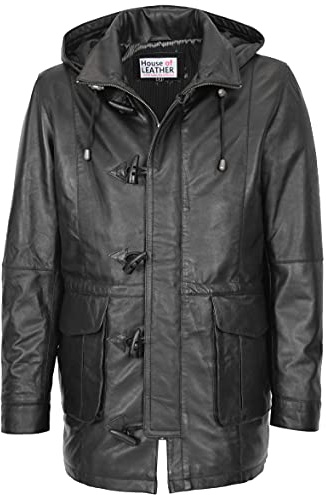 Mens Leather Duffle Coat with Detachable Hoodie Parka Jack Black (2XL)