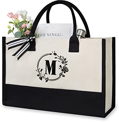 TOPDesign Initial Canvas Tote Bag, Personalized Present Bag, Suitable for Wedding, Birthday, Beach, Holiday, is a Great Gift for Women, Mom, Teachers, Friends, Bridesmaids (Letter M)