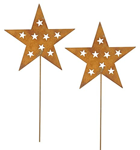 ETC stimmungsvoller Garten-Stecker Stern am Stab Dekostern Weihnachtsstern Metall mit ausgelaserten Sternchen Preis für 2 Stück edelrostig oder hellgrau 2 x edelrostig Stern ca. 22 cm 62 cm Stab