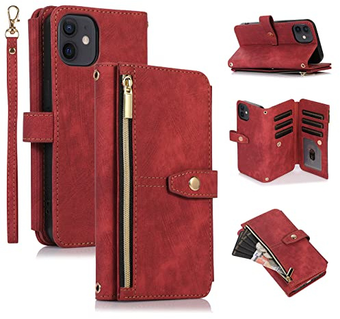 UEEBAI Hülle für iPhone 12 Mini, Leder Klapphülle, Retro Rotwein | 9 Kartenfäche Lederhülle mit Umhängegurt Handschlaufe Ständer Reißverschluss Handyhülle Magnetverschluss Wallet Flip Case