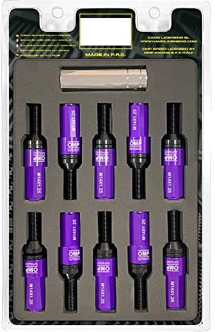 OMP Speed Set mit 20 Stahlschrauben mit Aluminiumschutz, farbig, M14 x 1,25, Schlüssel 17-19, Länge 28 mm, mit violettem Schutz aus Aluminium 7075 + DIN 12.9