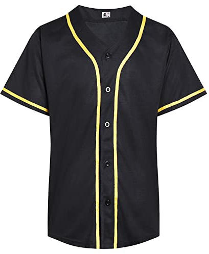DEHANER Black Mens Womens Baseball Jerseys for Adult Full Button Down Up Shirts Tops Sports Uniforms Outfits Golden Stripe-Black Jersey Size Medium