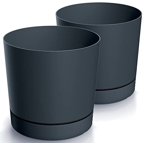 Tymar Blomkruka med underlägg, 2-pack, dekorativ blomkruka av plast, modern, rund form, för inomhusbruk (ø 30 cm, (2 pack) grafit)