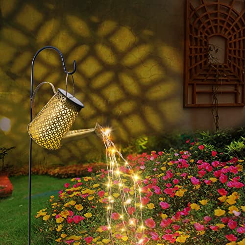 Solar Gießkanne Lichterkette, Solarlampen mit Schäferhaken IP65 Wasserdicht | Metall Vintage Solarlaterne als Gartendeko, Solarleuchten Garten Giesskanne Lichter für Balkon, Rasen, Terrasse, Blumenbeet
