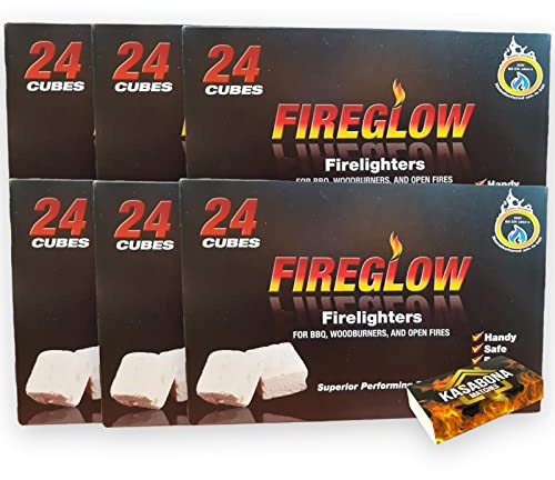 Fireglow Firelighters Bulk Pack - Hotspot Burners for BBQ, Coal & Wood with KasaBona Safety Matches - 144 Firelighters