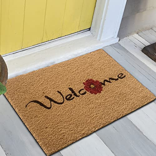 Teppich-Traum Kokos Fußmatte Welcome Rote Blume rutschfest 60x90 cm | Robust, rutschfest, pflegeleicht, antibakteriell, feuchtigkeitsabweisend, nachhaltig, für Eingang, Terrasse & Garten