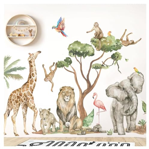 DEKO KINDERZIMMER XXL Wandsticker Set Dschungel Tiere Wandtattoo Kinderzimmer Babyzimmer Safari Löwe Wandaufkleber Wohnzimmer selbstklebend DK1050-07