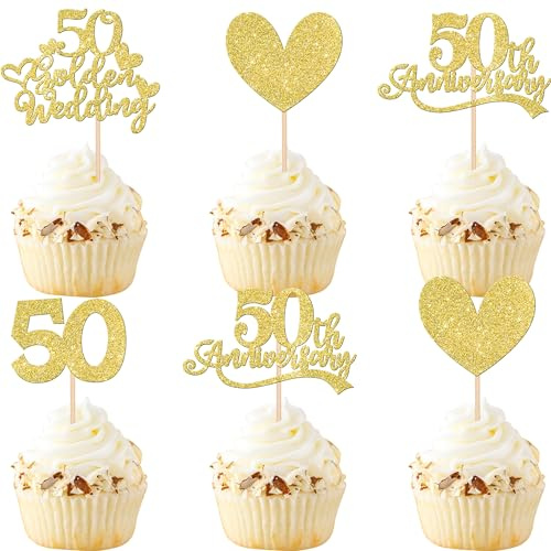 Xsstarmi 24 PACK 50th Anniversary Cupcake Toppers Gold Glitter Heart Golden Wedding Anniversary Cupcake Picks for Cheers to 50 Years Blessed & Loved Wedding Anniversary Party Cake Decorations Supplies