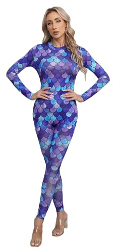 TiaoBug Dam sjöjungfru baddräkt wetlook badmode fisk mjäll tryck långärmad body toppar sexig jumpsuit overaller onepiece sexiga underkläder, Typ G, S