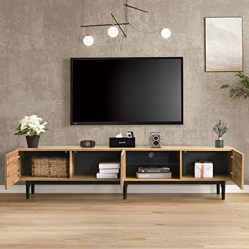BTM Meuble TV, LED Couleur Réglable, Meuble TV Bois avec Portes et Compartiment, pour Salon, Moderne Salle à Manger, Chambre, Noir & Bois