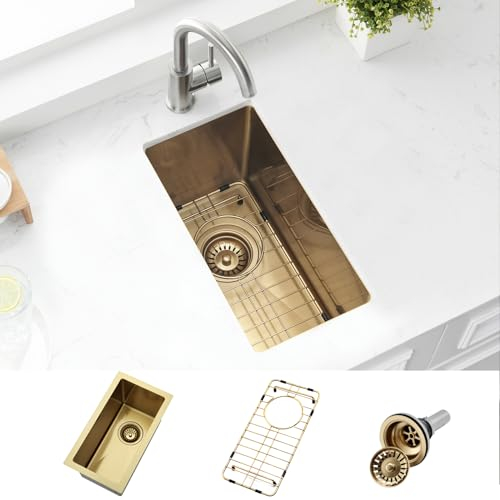 BoomHoze Gold Bar Sink - 10 x 18 Inch Undermount Kitchen Sink, 16 Gauge Stainless Steel, Single Bowl with Grid and Drain Strainer