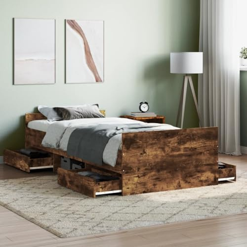 DJEKA Bett 100x200 mit schubladen Kinderbett 100x200 Jugendbett 100x200 Einzelbett mit 4 Schubkästen Bett mit stauraum Stauraumbett 100x200 mit Kopf- und Fußteil-Räuchereiche-100 x 200 cm