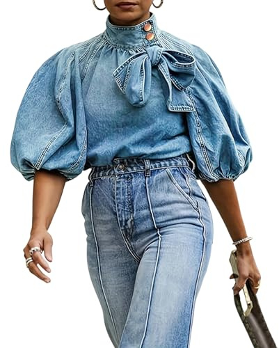 Women's Bow Design Denim Pullover Top Button Up High Neck Fashionable Jacket with Elastic and Puff Sleeves(Blue,XL)
