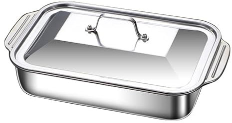 CHFYIJYHM Rechteckiger, tiefer Bräter aus Edelstahl, 5,8 l, multifunktionaler Kochtopf mit Griffen und Stahldeckel – Backblech, Bräter, Lasagnepfanne, Serviertablett, spülmaschinenfest